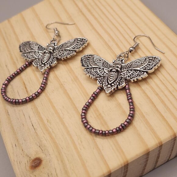 Purple Teardrop Skull Moth Charm Earrings - Picture 2 of 3